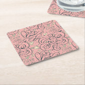 ハートおよび鳥が付いているロマンチックなパターン スクエアペーパーコースター (アングル)