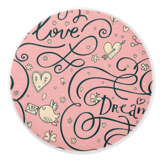 ハートおよび鳥が付いているロマンチックなパターン セラミックノブ (正面)