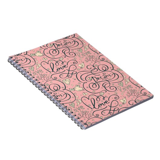 ハートおよび鳥が付いているロマンチックなパターン ノートブック (右側)