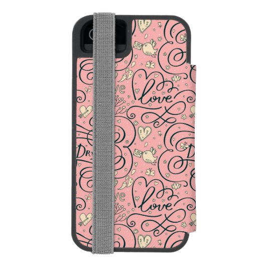 ハートおよび鳥が付いているロマンチックなパターン INCIPIO iPhoneウォレットケース (フォリオ裏面)