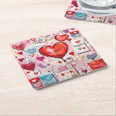 ハートお洒落とラブレターのパターン スクエアペーパーコースター (アングル)