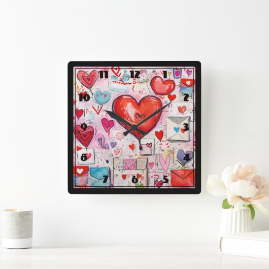 ハートお洒落とラブレターのパターン スクエア壁時計 (ホーム)
