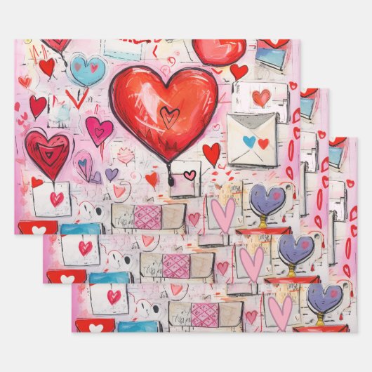 ハートお洒落とラブレターのパターン ラッピングペーパーシート (セット)