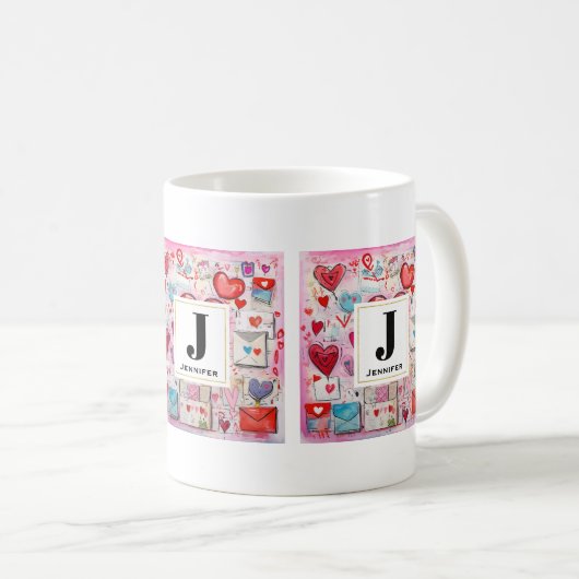 ハートお洒落とラブレター模様モノグラム コーヒーマグカップ (正面右)