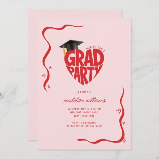 ハートお洒落卒業パーティー 招待状 (正面/裏面)