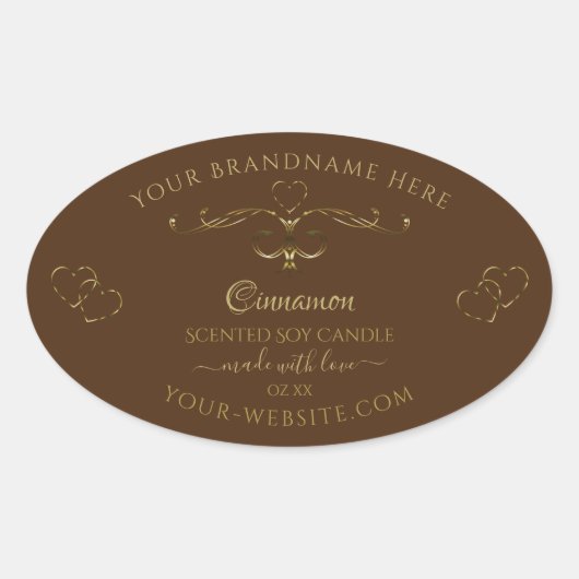 ハートかわいらし茶色の装飾金ゴールドのスクロール作業 楕円形シール (正面)