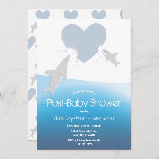 ハートがサメに赤ん坊のシャワー後に 招待状 (正面/裏面)