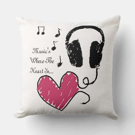 ハートがヘッドホーンの装飾用クッションであるところ音楽 クッション (正面)