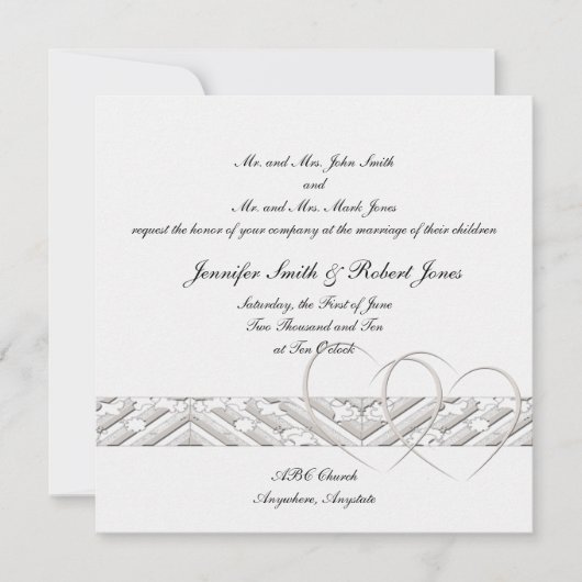 ハートがホワイトシルバーで絡み合った結婚式招待状 招待状 (正面)