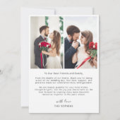 ハートが付いたミニマリストモダンスクリプトの結婚式写真 サンキューカード (裏面)