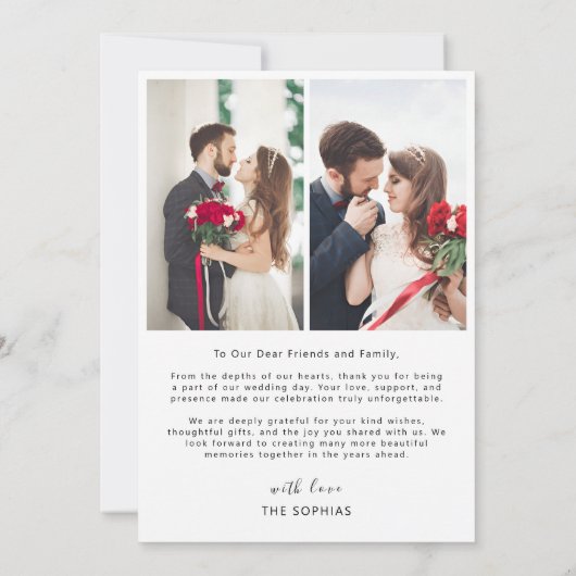 ハートが付いたミニマリストモダンスクリプトの結婚式写真 サンキューカード (裏面)