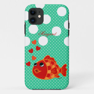 ハートが付いているパーソナライズなかわいいの金魚の漫画 iPhone 11 ケース