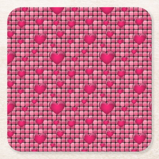 ハートが付いているピンクの山 スクエアペーパーコースター (正面)