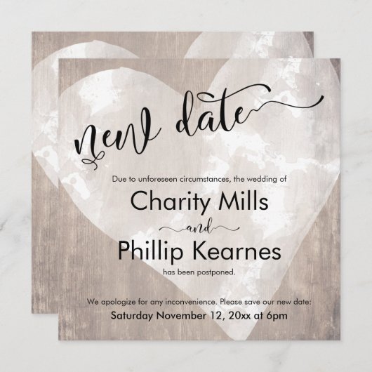 ハートが延期結婚の新しい日付カード (正面/裏面)