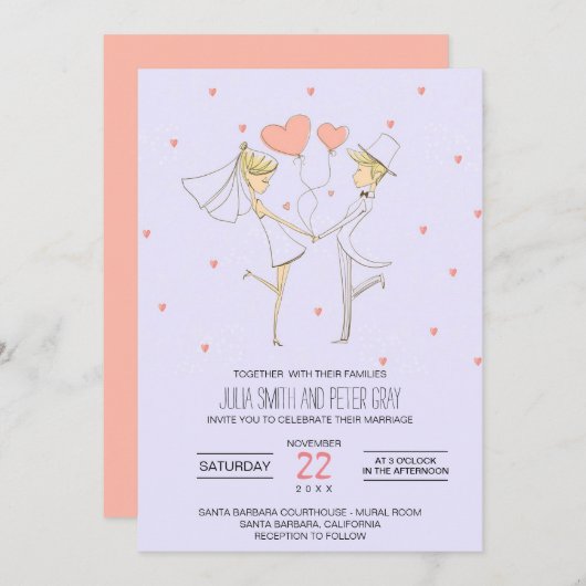 ハートが新郎新婦結婚漫画を愛 招待状 (正面/裏面)
