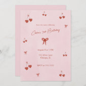 ハートさくらんぼ誕生日パーティーの招待 招待状 (正面/裏面)