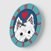 ハートでウェスティーを覗き込む(通常の数字) ラージ壁時計 (傾斜)