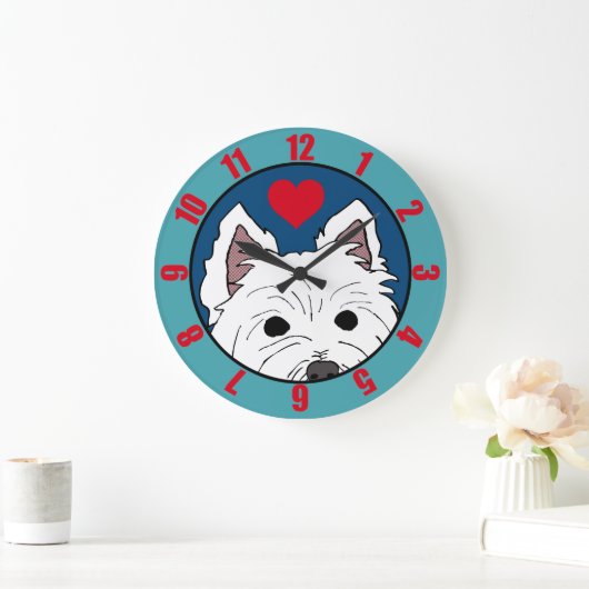 ハートでウェスティーを覗き込む(通常の数字) ラージ壁時計 (ホーム)