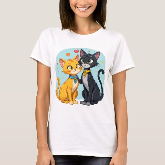 ハートで恋する黒猫と黄色い猫のTシャツ Tシャツ (正面)