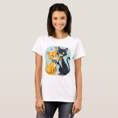 ハートで恋する黒猫と黄色い猫のTシャツ Tシャツ (正面フル)