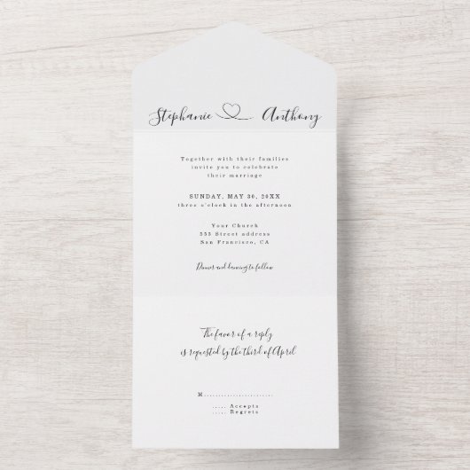 ハートで白黒をミニマル結婚化 オールインワン招待状 (内側)