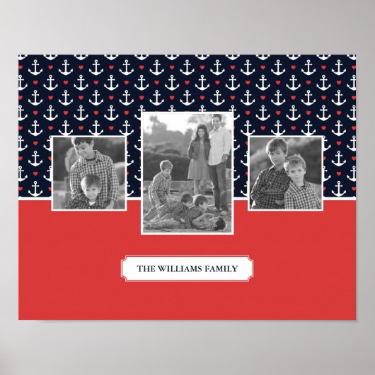 ハートといかりパターン |家族の写真 |モノグラム ポスター (正面)