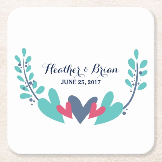 ハートとつる植物の結婚紙コースター スクエアペーパーコースター (正面)