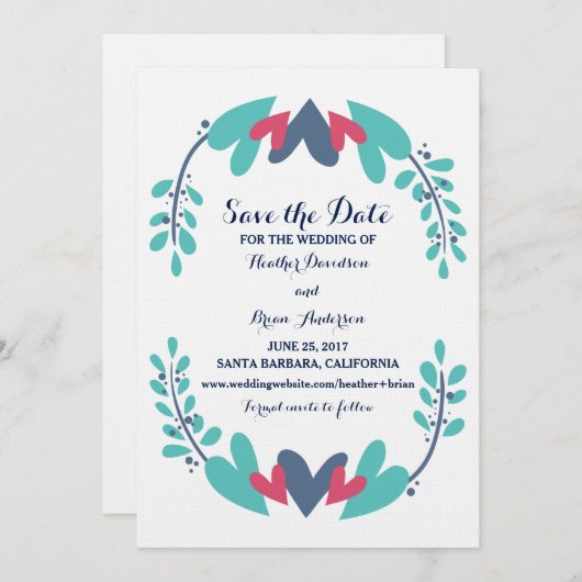 ハートとつる植物ウェディング日付の保存招待状 セーブザデート (正面/裏面)