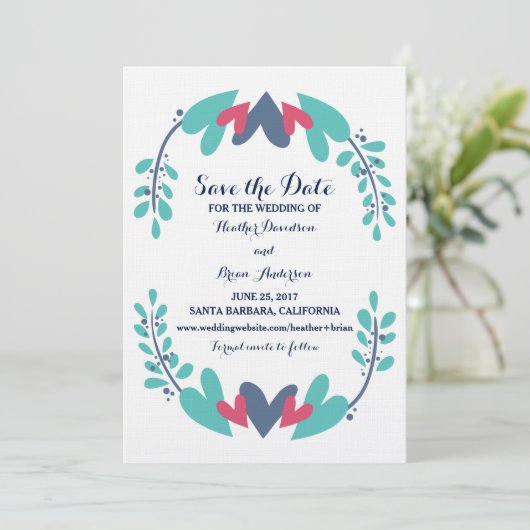 ハートとつる植物ウェディング日付の保存招待状 セーブザデート (スタンド正面)