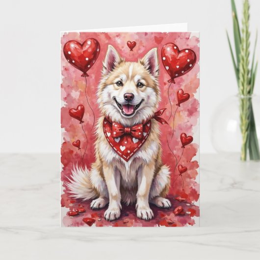 ハートとアメリカンエスキモ犬のバレンタインデー カード (正面)