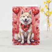 ハートとアメリカンエスキモ犬のバレンタインデー カード (黄色い花)