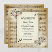 ハートとアンティークシー結婚ト音楽のテーマ 招待状 (正面/裏面)