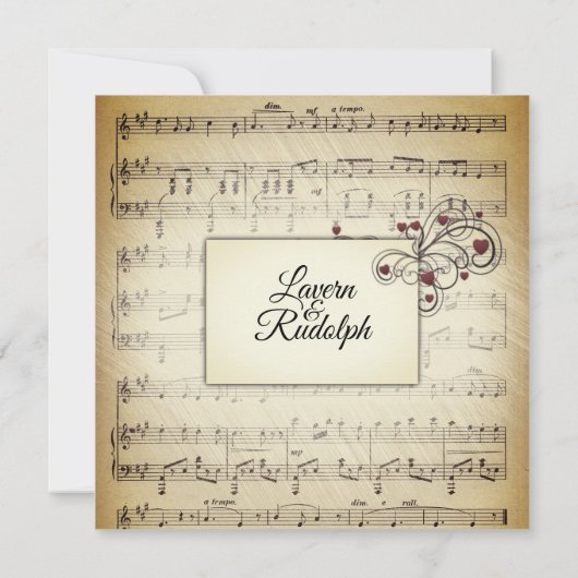 ハートとアンティークシー結婚ト音楽のテーマ 招待状 (裏面)