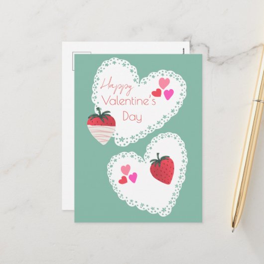 ハートとイチゴ幸せなバレンタインデー シーズンポストカード (正面/裏面インサイチュ)