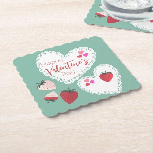 ハートとイチゴ幸せなバレンタインデー ペーパーコースター (アングル)
