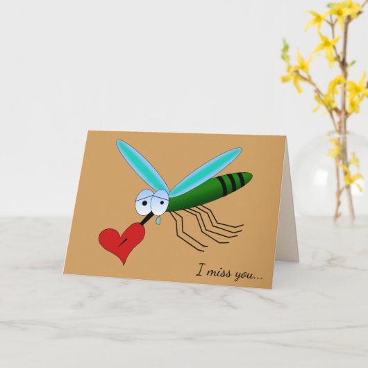 ハートとカスタムテキストの悲しい漫画の蚊 カード (黄色い花)