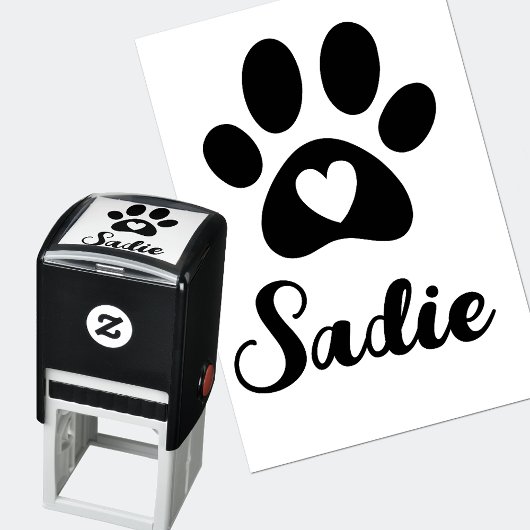 ハートとカスタムネームの犬の足跡スタンプ セルフインキングスタンプ