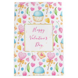 ハートとカップケーキウォーターカラーパターンバレンタイン ミディアムペーパーバッグ