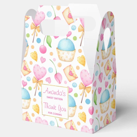ハートとカップケーキウォーターカラーパターン誕生日 フェイバーボックス (オープン)