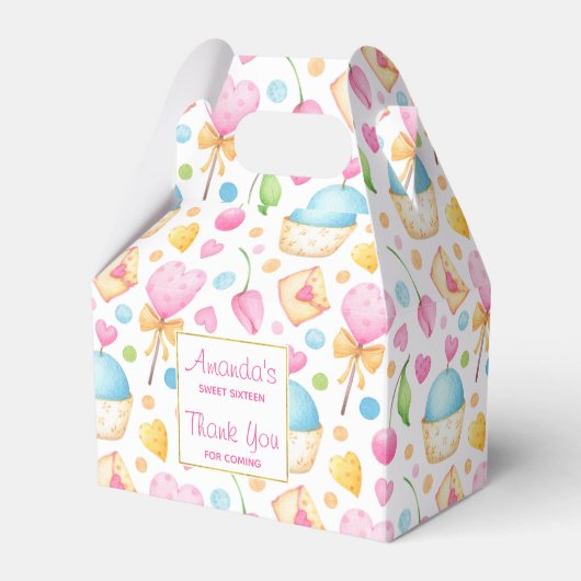 ハートとカップケーキウォーターカラーパターン誕生日 フェイバーボックス (正面サイド)