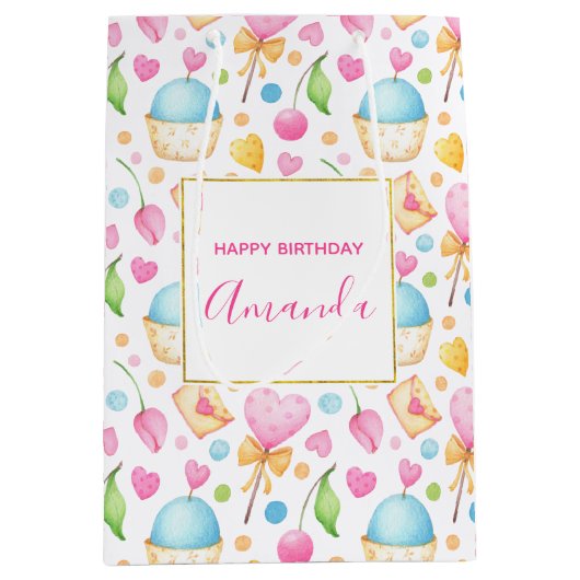 ハートとカップケーキウォーターカラーパターン誕生日 ミディアムペーパーバッグ (正面)