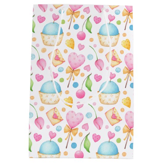 ハートとカップケーキウォーターカラーパターン誕生日 ミディアムペーパーバッグ (裏面)