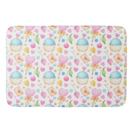 ハートとカップケーキ楽しい水彩パターン バスマット