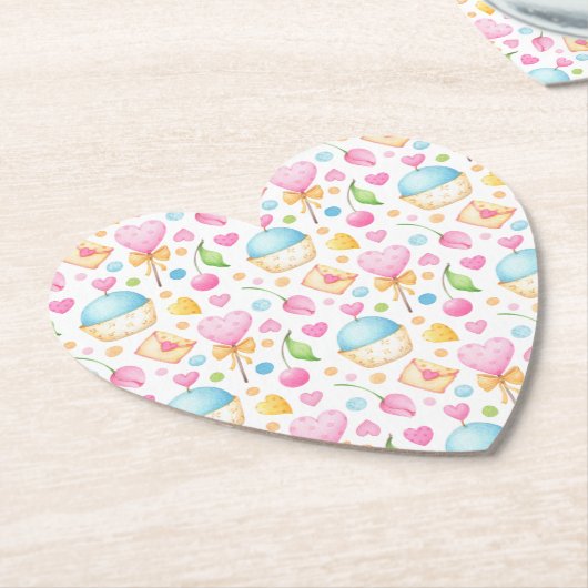 ハートとカップケーキ楽しい水彩パターン ペーパーコースター (アングル)