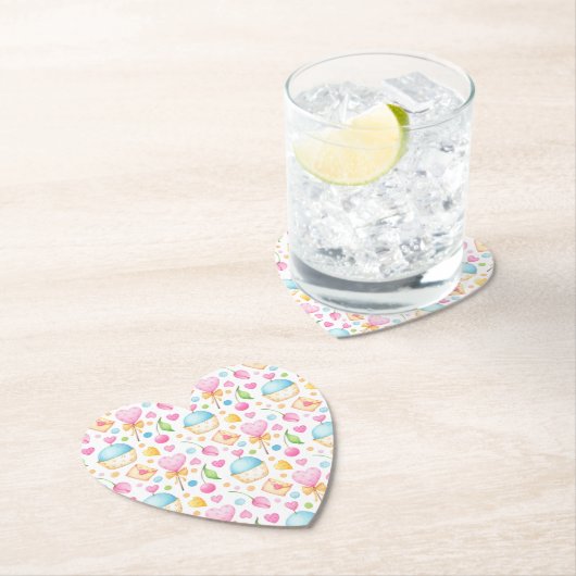 ハートとカップケーキ楽しい水彩パターン ペーパーコースター (インサイチュ)