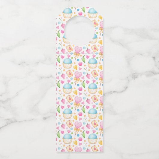 ハートとカップケーキ楽しい水彩パターン ボトルネックタグ (裏面)