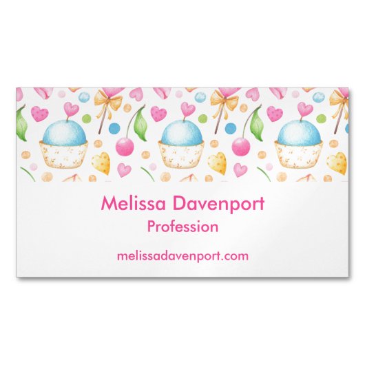 ハートとカップケーキ楽しい水彩パターン マグネット名刺 (正面)