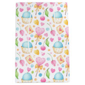 ハートとカップケーキ楽しい水彩パターン ミディアムペーパーバッグ (正面)