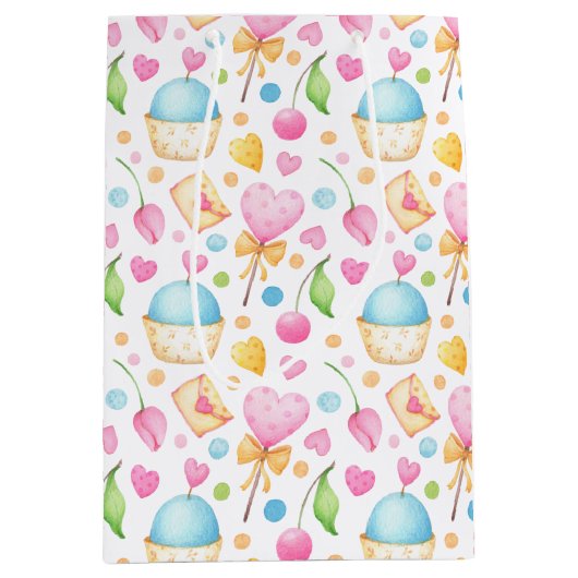 ハートとカップケーキ楽しい水彩パターン ミディアムペーパーバッグ (正面)