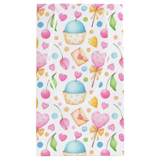 ハートとカップケーキ水の色パターンありがとうありがとう スモールペーパーバッグ (裏面)